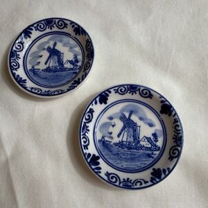 2 VTG Delft Blue Hand Painted Miniature Plates Windmill 2 1/4" Elesva Holland